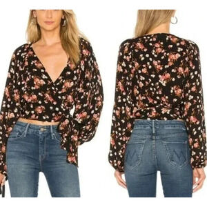 A.L.C. Carla Floral Print Wrap Top Size 2 Black Pink 100% Silk Crepe Blouse